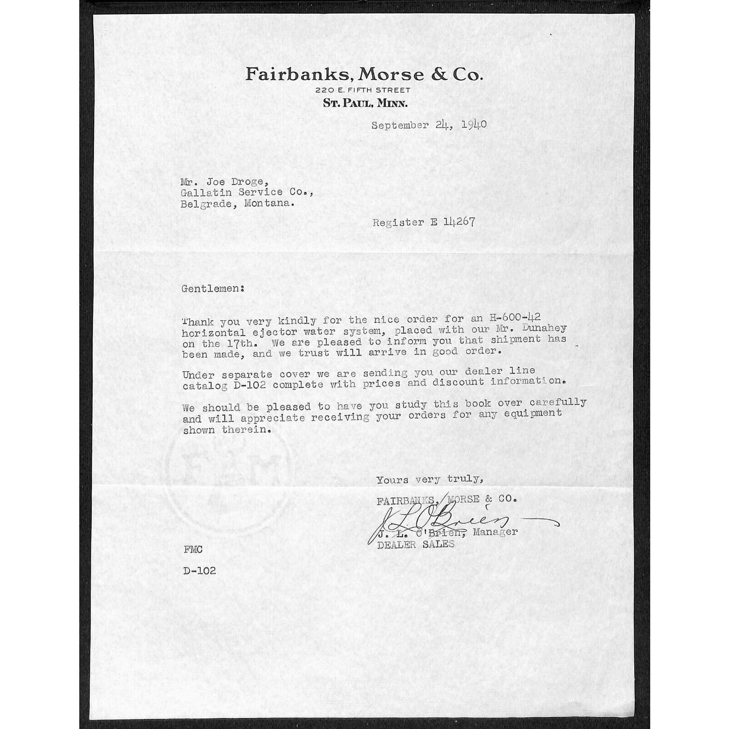 Belgrade, MT Gallatin Service 1940 Fairbanks, Morse & Co. Letterhead VGC