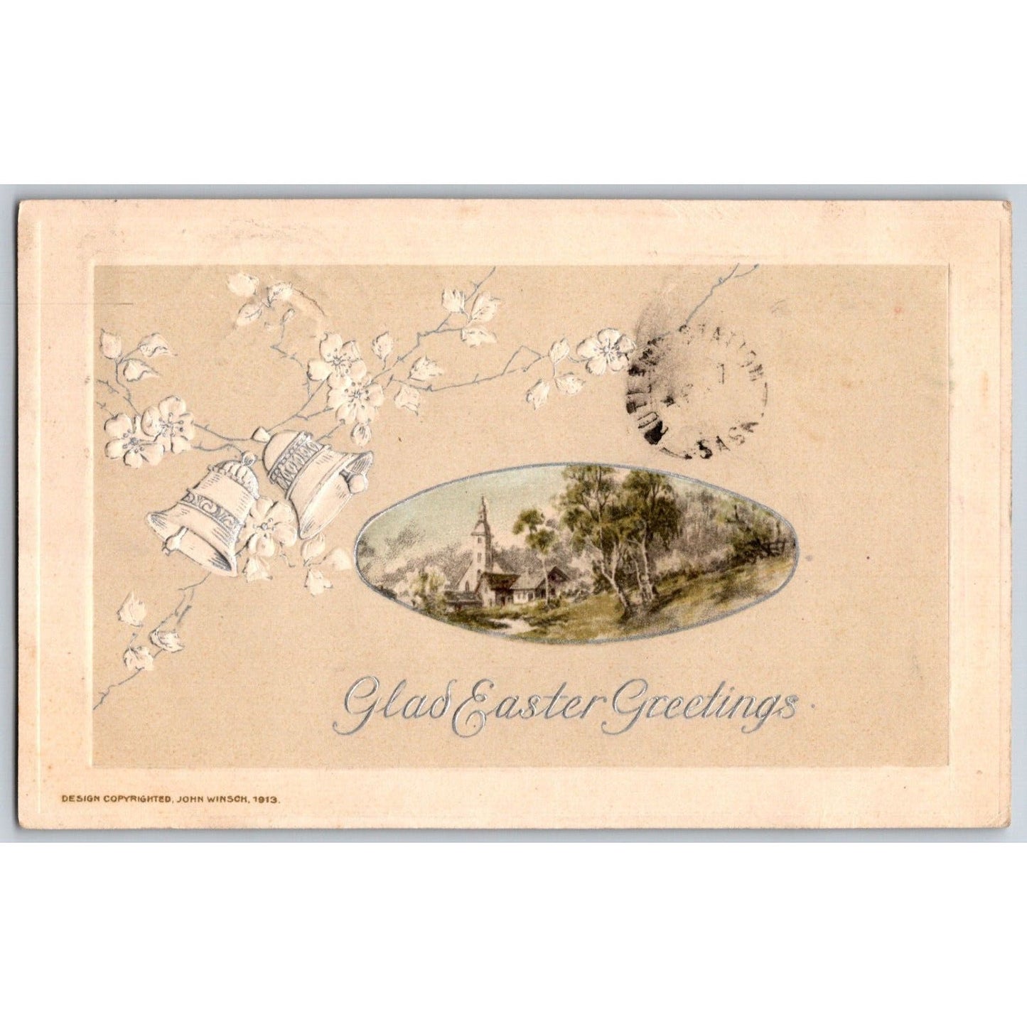 Easter Postcard "Glad Easter Greetings" Outside Church / Bells Emb. PM 1913