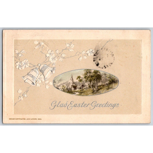 Easter Postcard "Glad Easter Greetings" Outside Church / Bells Emb. PM 1913