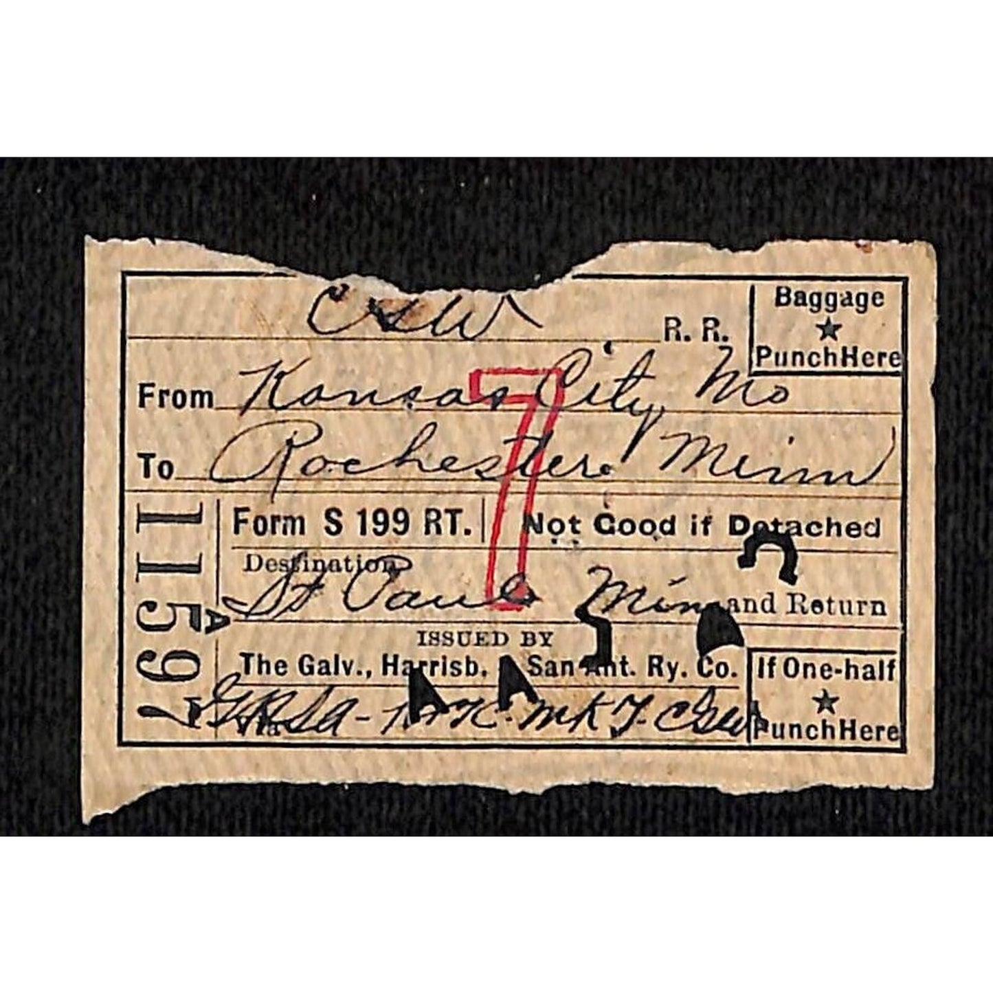 Galveston Harrisburg & San Antonio Railway 1923 Ticket Rochester, MN #11597