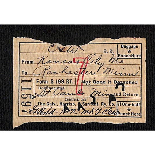 Galveston Harrisburg & San Antonio Railway 1923 Ticket Rochester, MN #11597