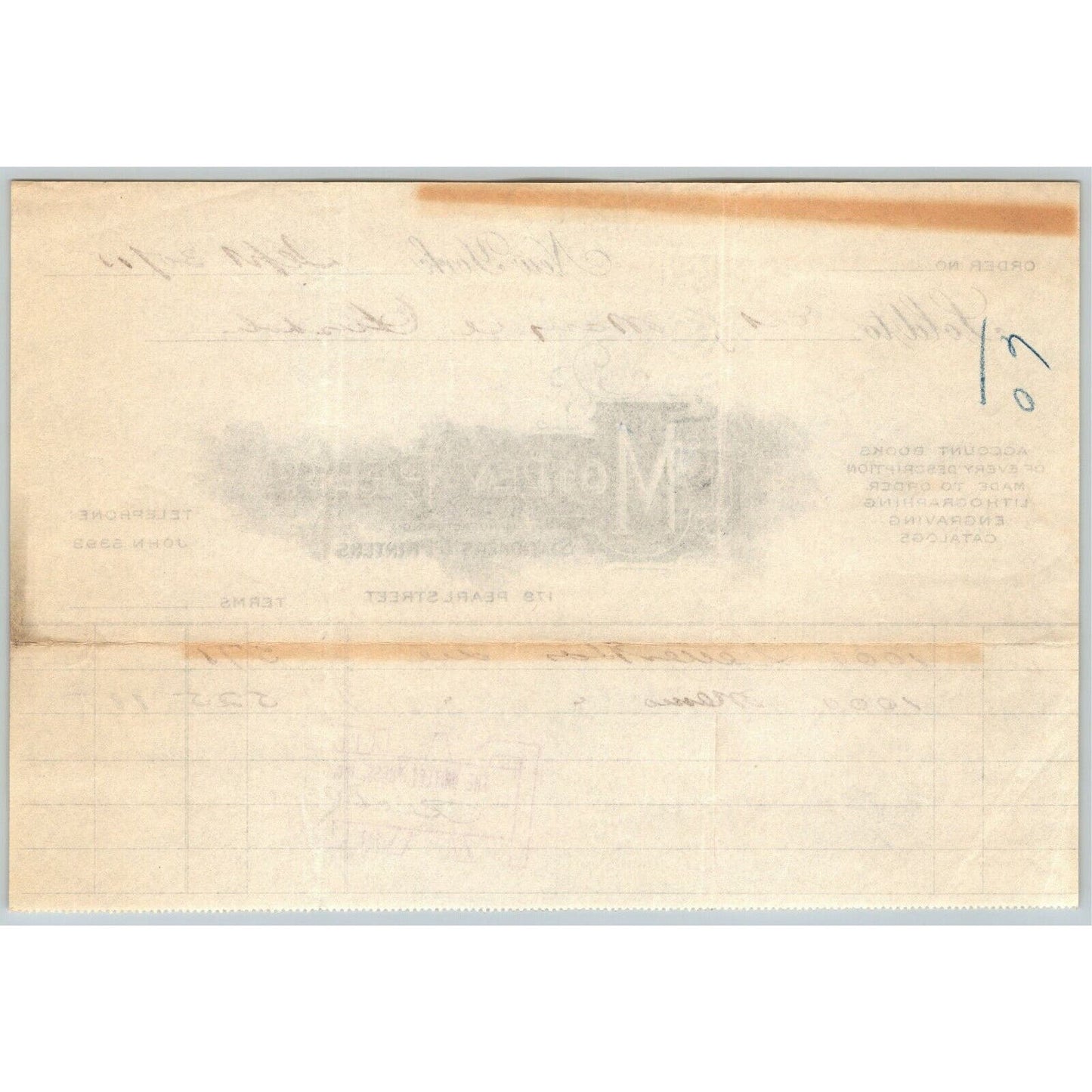 1915 "The Motley Press, Stationers & Printers" Billhead Letterhead Pearl St. NYC