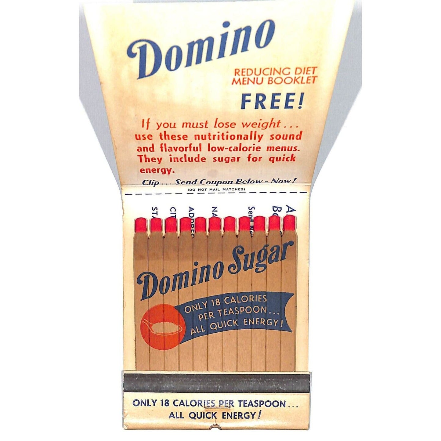 Domino Sugar GIANT (3 1/4" x 4") Printed Wooden Stick Full Matchbook c1960's