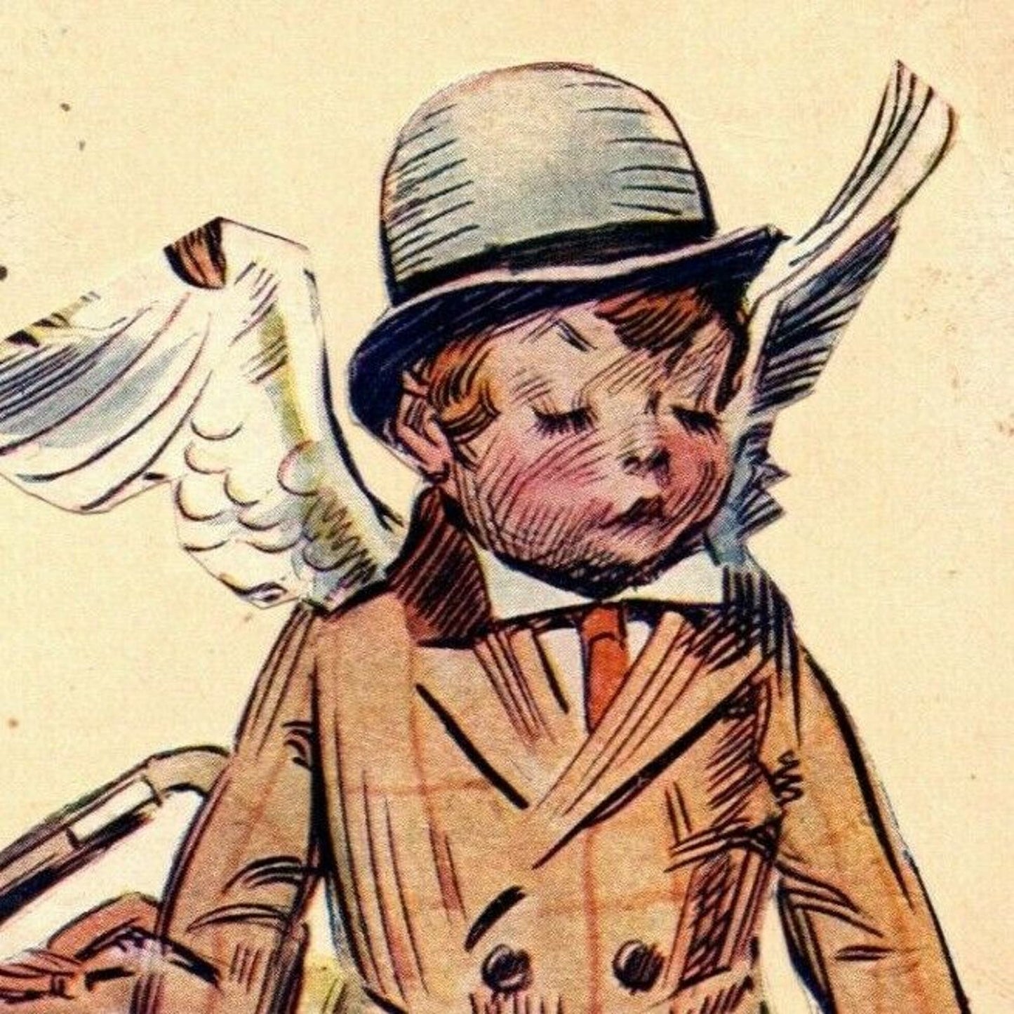 c1909 Feather Winged Boy (Angel?) w/ Hat and Suitcase - Applied Art Postcard