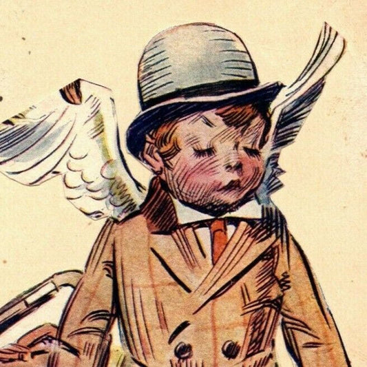 c1909 Feather Winged Boy (Angel?) w/ Hat and Suitcase - Applied Art Postcard