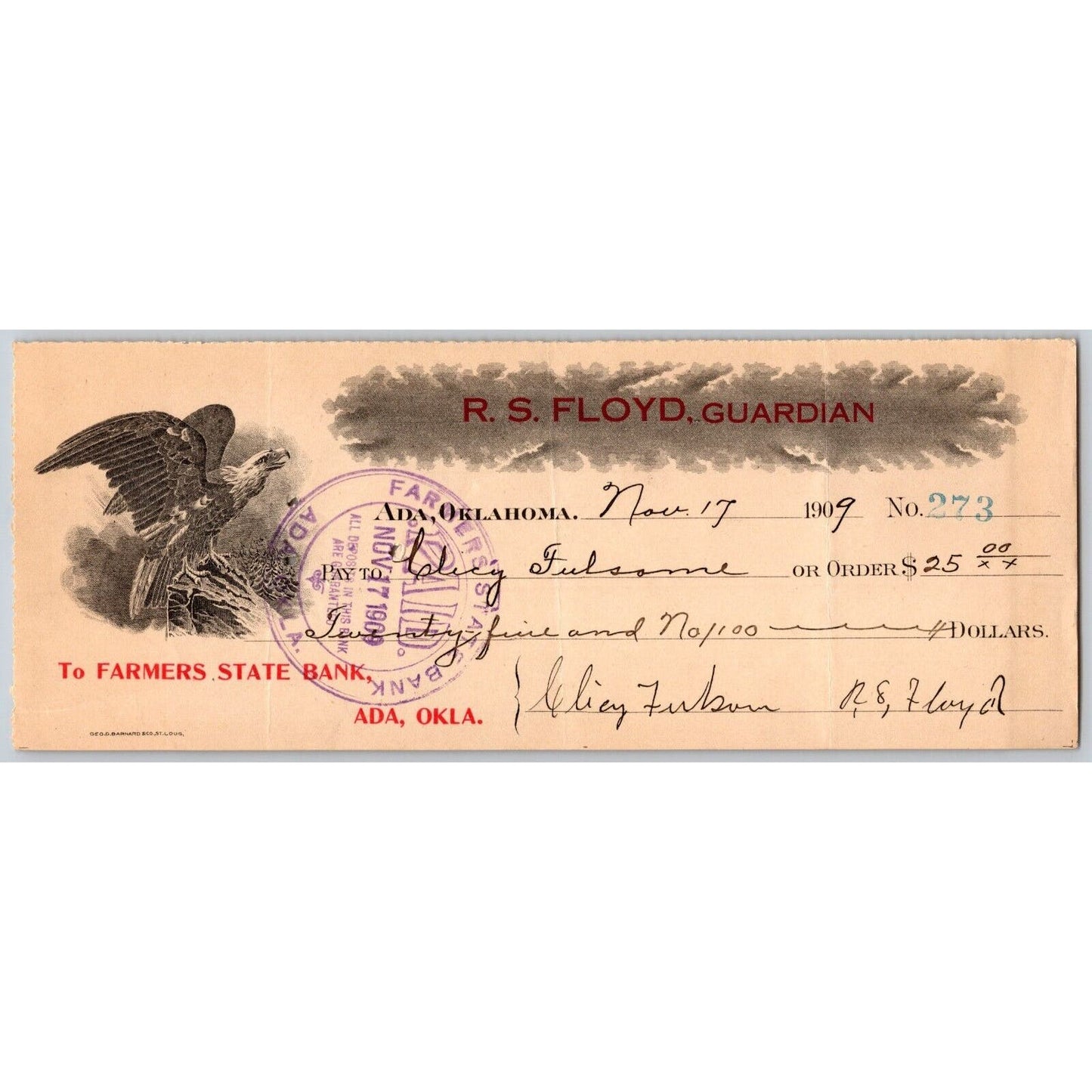 Ada, Oklahoma 1909 R.S. Floyd, Guardian Farmers State Bank Check Eagle - Scarce