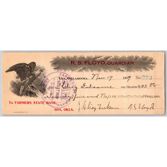 Ada, Oklahoma 1909 R.S. Floyd, Guardian Farmers State Bank Check Eagle - Scarce