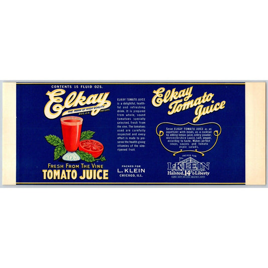 Elkay Tomato Juice Paper Can Label L. Klein Chicago c1930s VGC