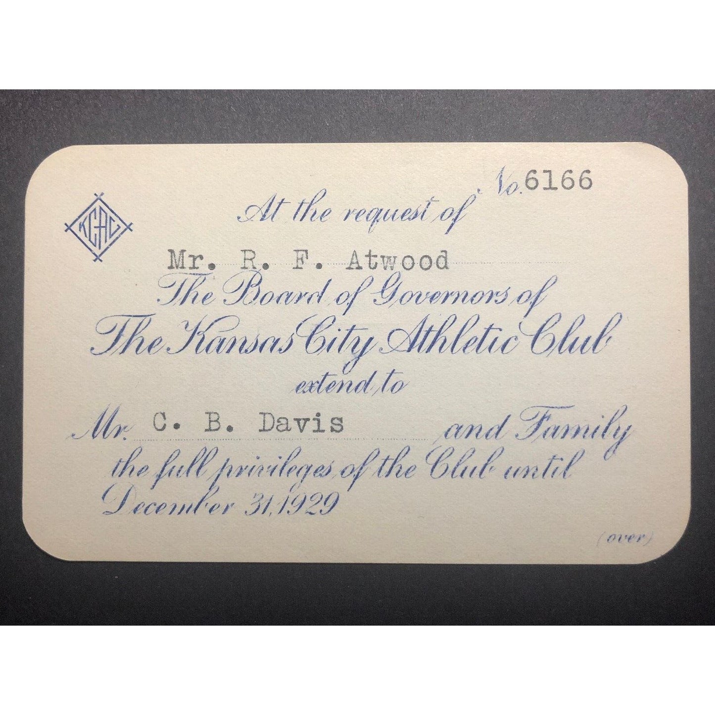 1929 Kansas City Athletic Club Yearly Pass - VGC - Scarce