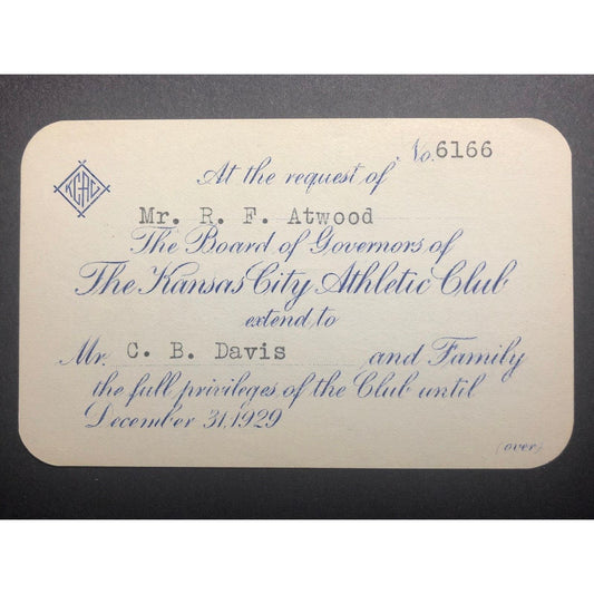 1929 Kansas City Athletic Club Yearly Pass - VGC - Scarce