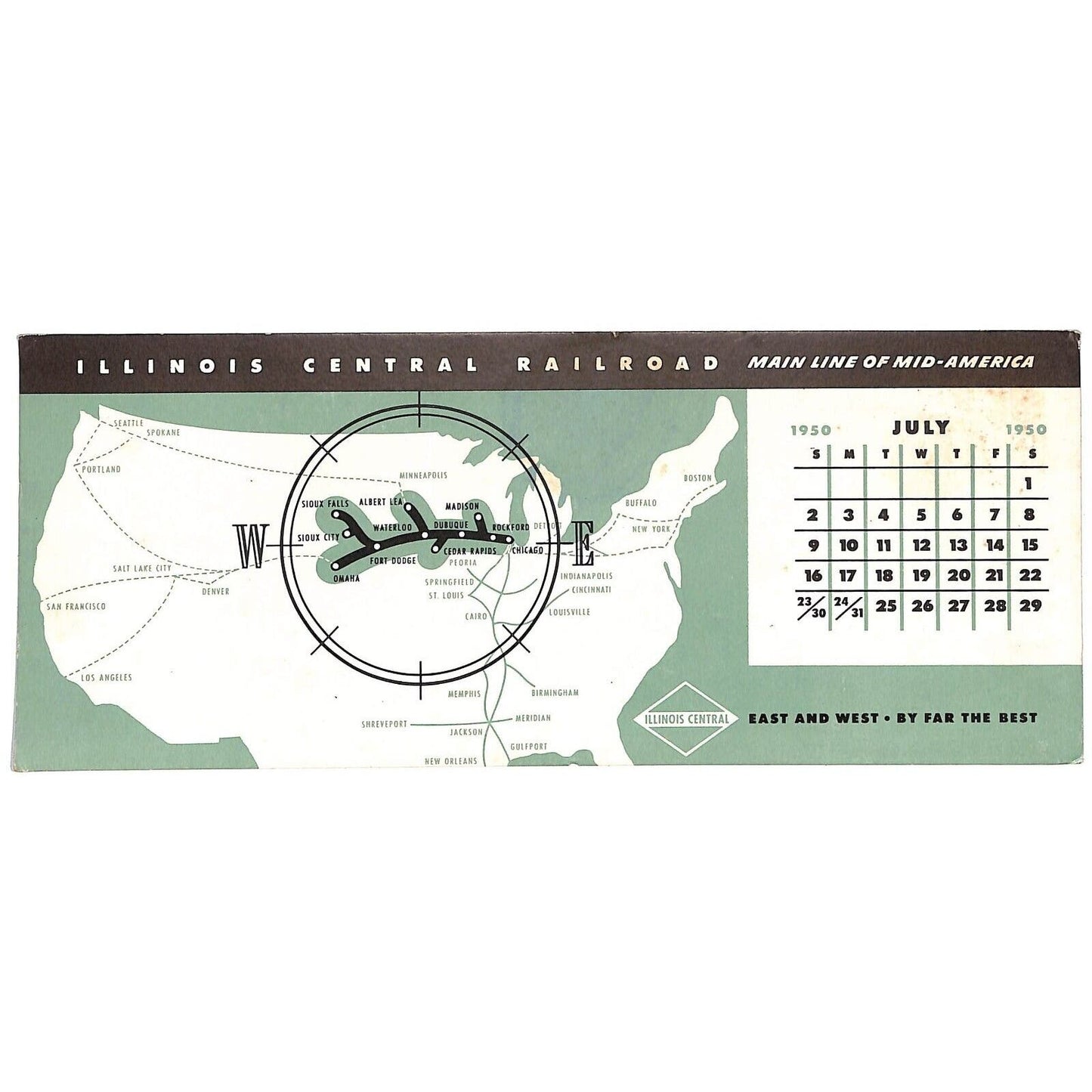 Illinois Central Railroad July 1950 Ink Blotter - Route Map Country Outline VGC