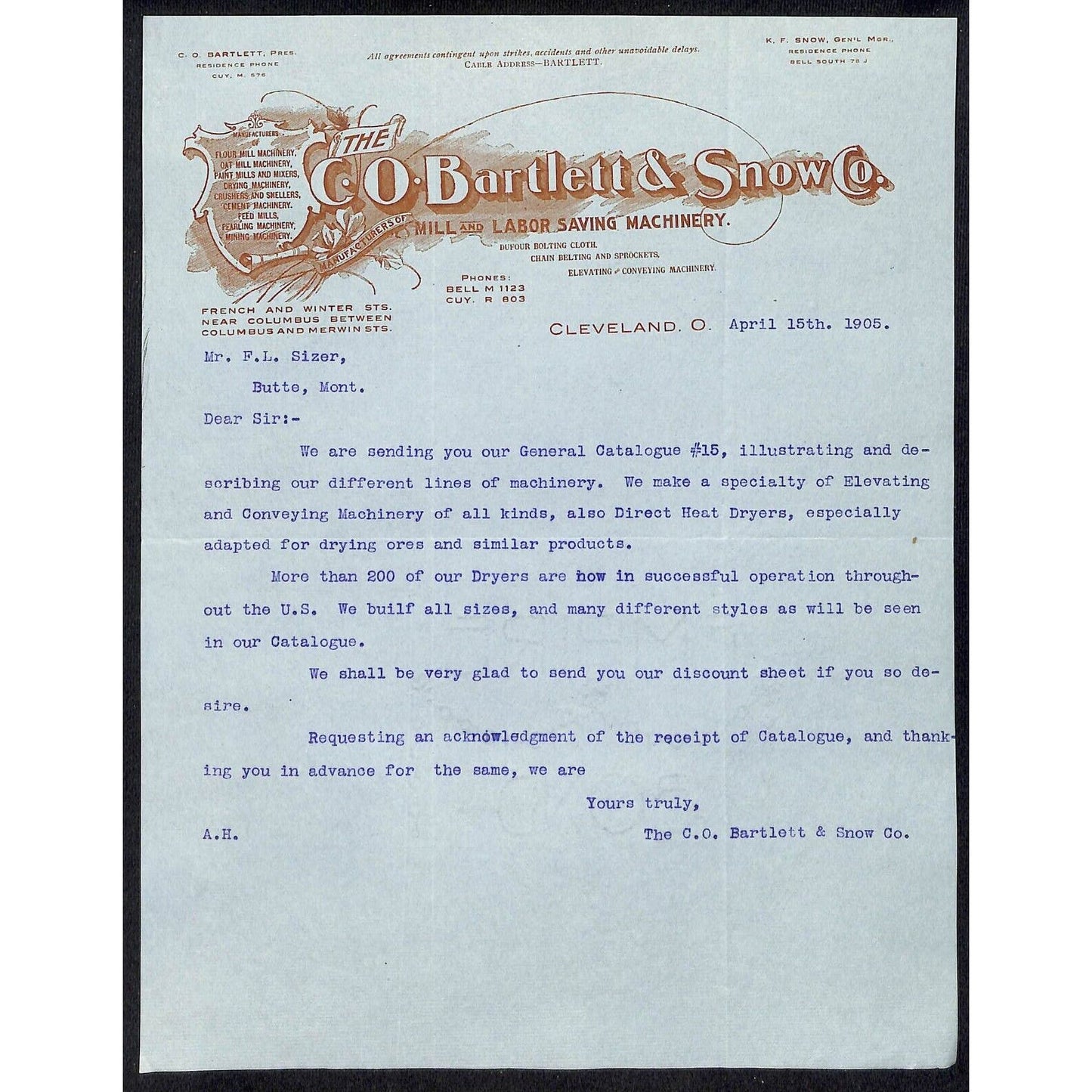 Cleveland, OH C.O. Bartlett & Snow Co. Labor Saving Machinery 1905 Letterhead