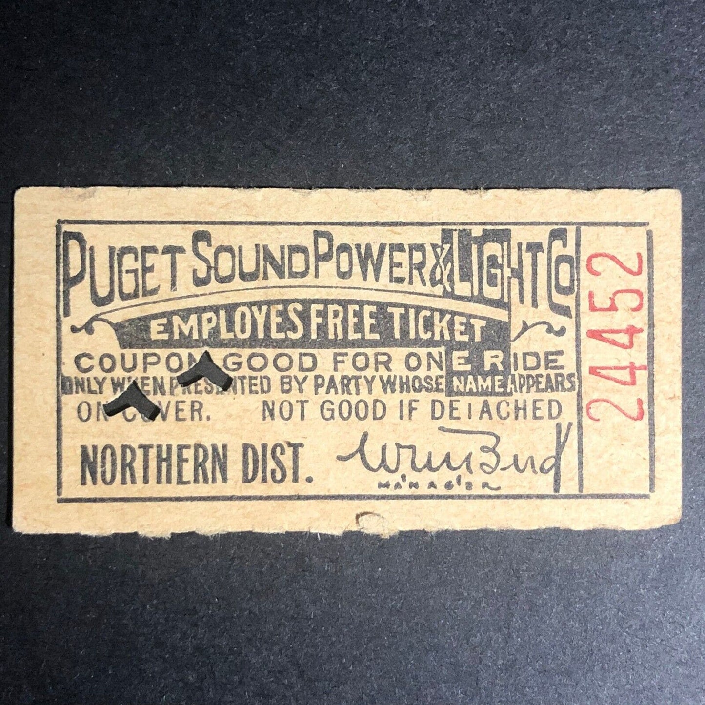 Puget Sound Power & Light Co. Employee's Free Ticket / Stub c1919-19?? Scarce