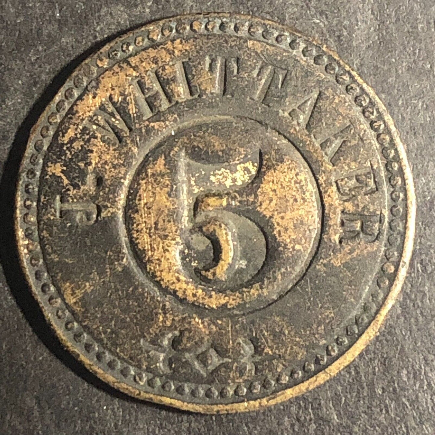 J. Whittaker "5" Uniface Trade Token 25mm