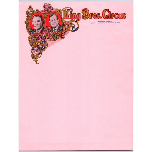 King Bros. Circus Letterhead Sarasota Lion Tiger Gold Ink c1966