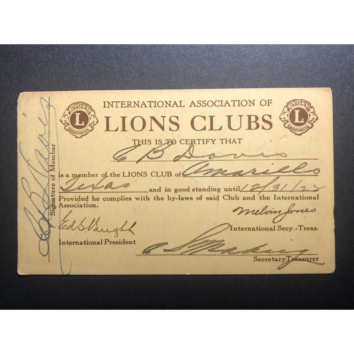 Lion's Club of Amarillo Texas 1928 ID Card
