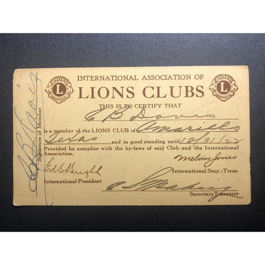 Lion's Club of Amarillo Texas 1928 ID Card