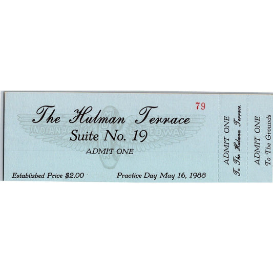 1988 Indy 500 The Hulman Terrace Unused Practice Day Ticket Indianapolis IMS #79