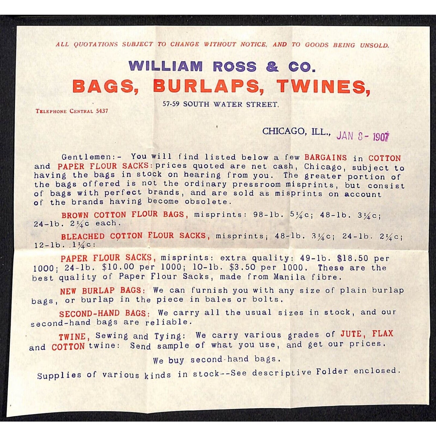 William Ross & Co. Bags Burlap Twines 1907 Adv. Catalog, Cover & Letterhead