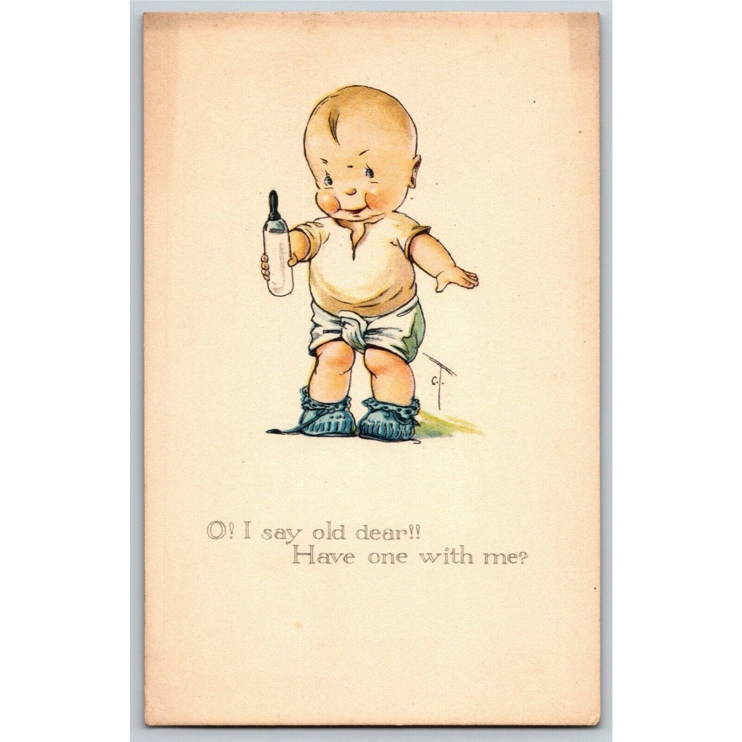 Vintage Postcard c1915 Diapered Standing w/ Bottle "O! I say Old Dear...."