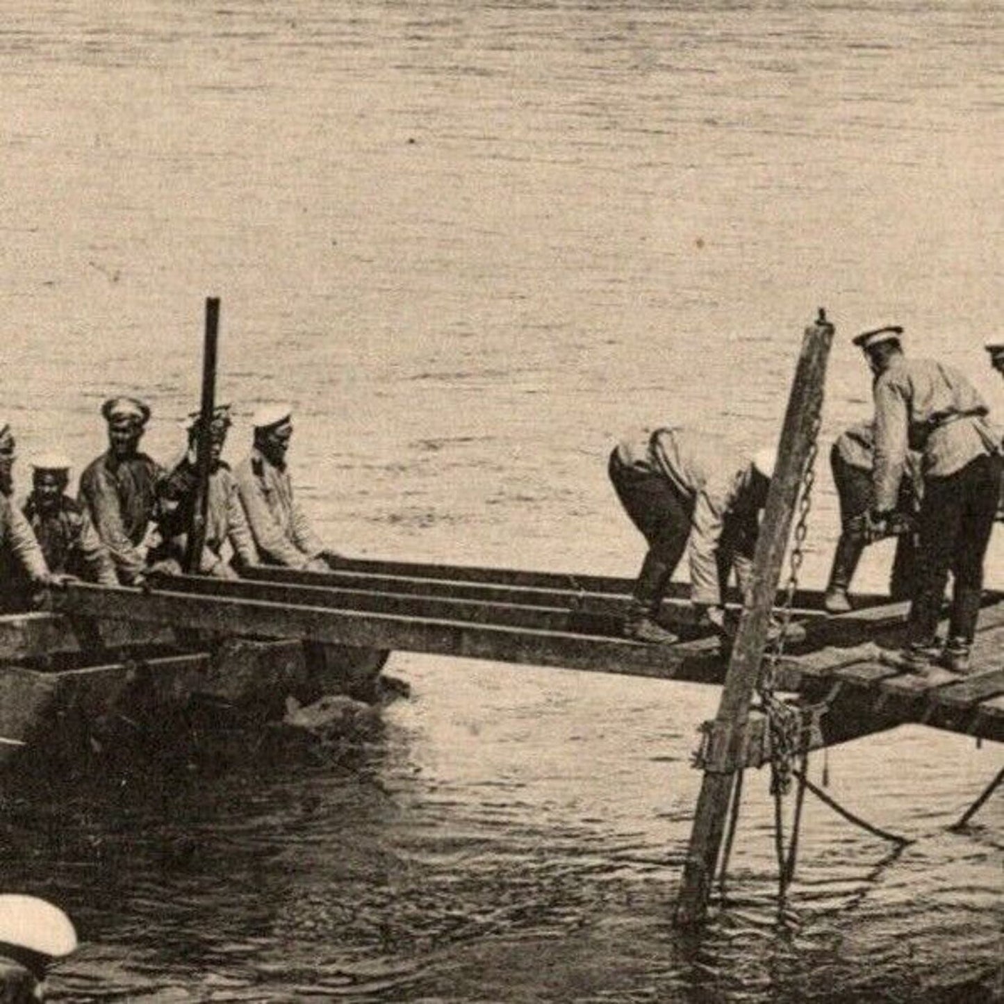 c1914 Russian Military RPPC* Postcard "Soldiers Work on Pontoon Bridge Berezovka