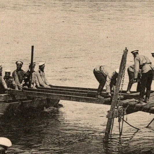 c1914 Russian Military RPPC* Postcard "Soldiers Work on Pontoon Bridge Berezovka