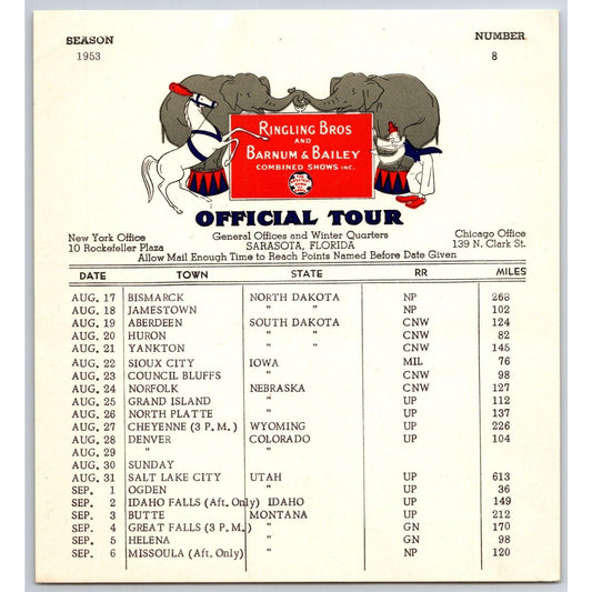 1953 Ringling Bros Barnum Bailey Circus Route Card Bismarck Aberdeen Huron Butte