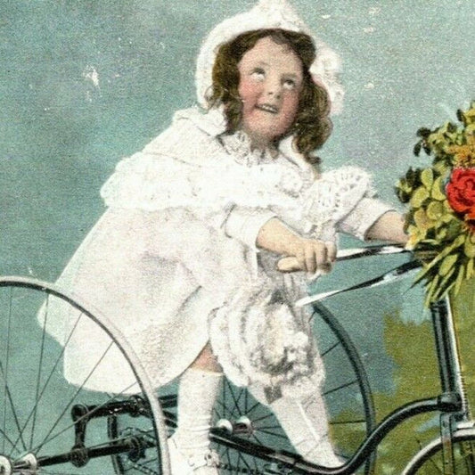 Vintage Postcard c1904 Child Posing In Studio w/ Bicycle