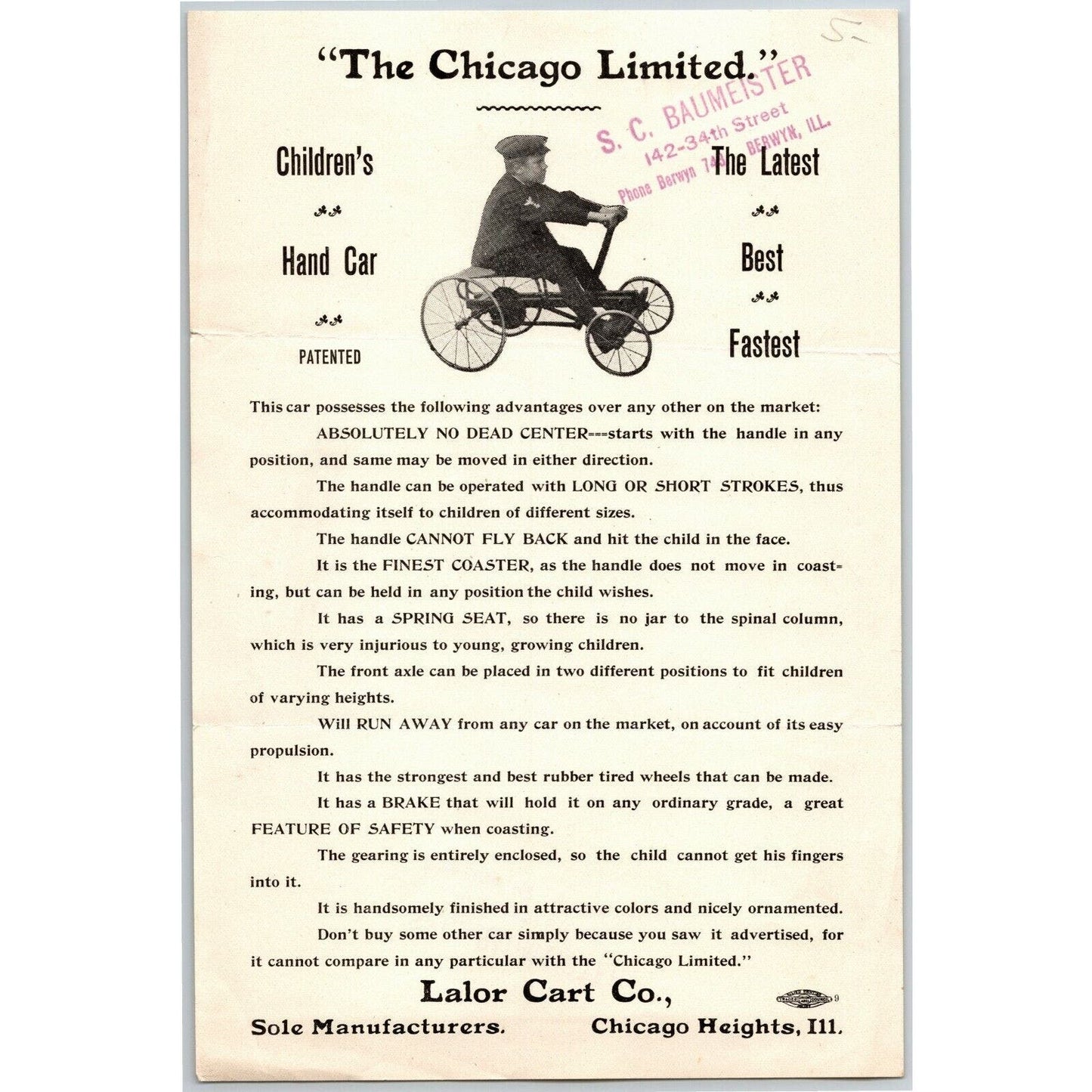 c1905-10 Lalor Cart Co. "The Chicago Limited" Children's Hand Car S C Baumeister