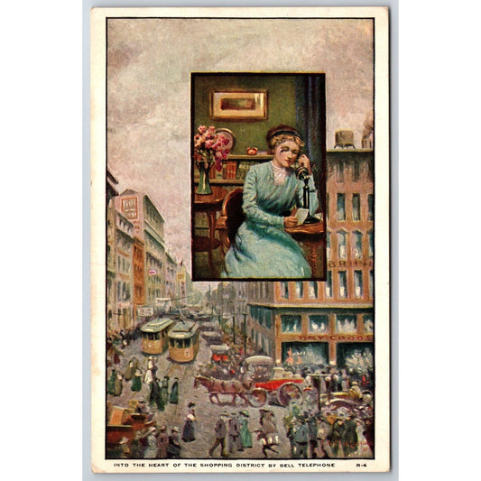 Bell Telephone Very Busy Street Scene Trollies Advertising Postcard PM 1915 VGC