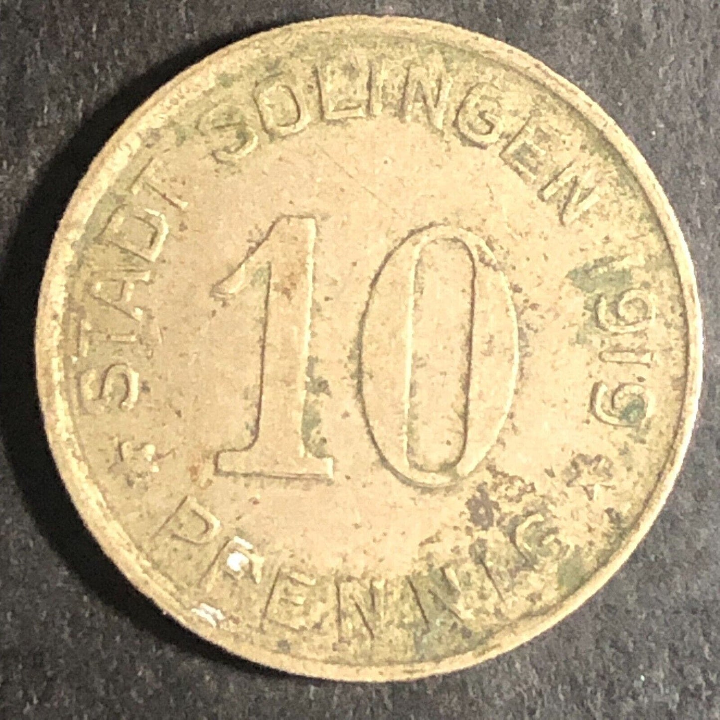 1919 Stadt Solingen 10 Pfennig Coin Germany Shield Anchor Sword 21mm