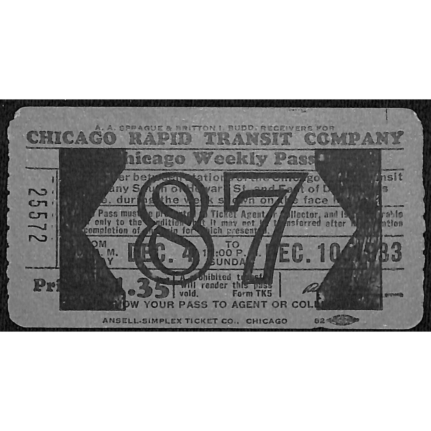 1933 Chicago Rapid Transit Dec Weekly Pass / Ticket "87"