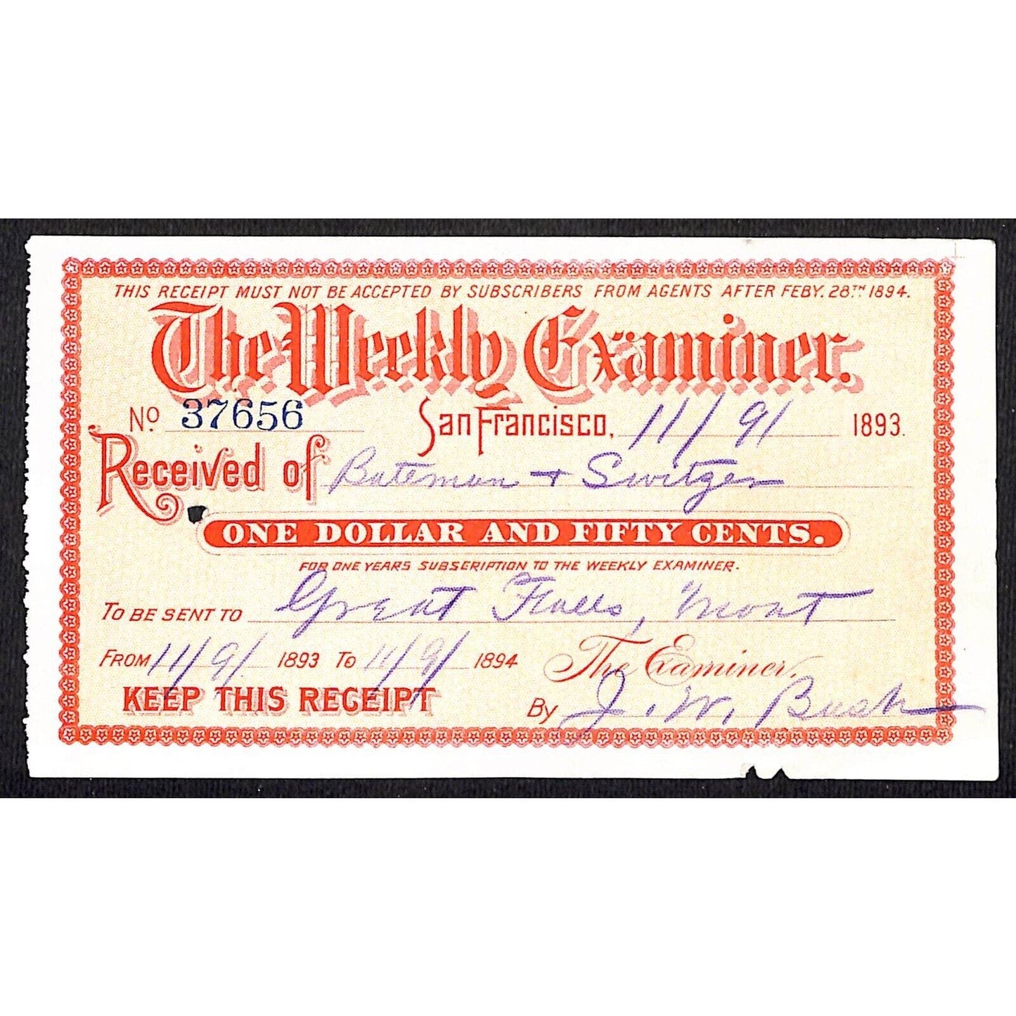 San Francisco 1893 "The Weekly Examiner" Great Falls, MY Payment Receipt
