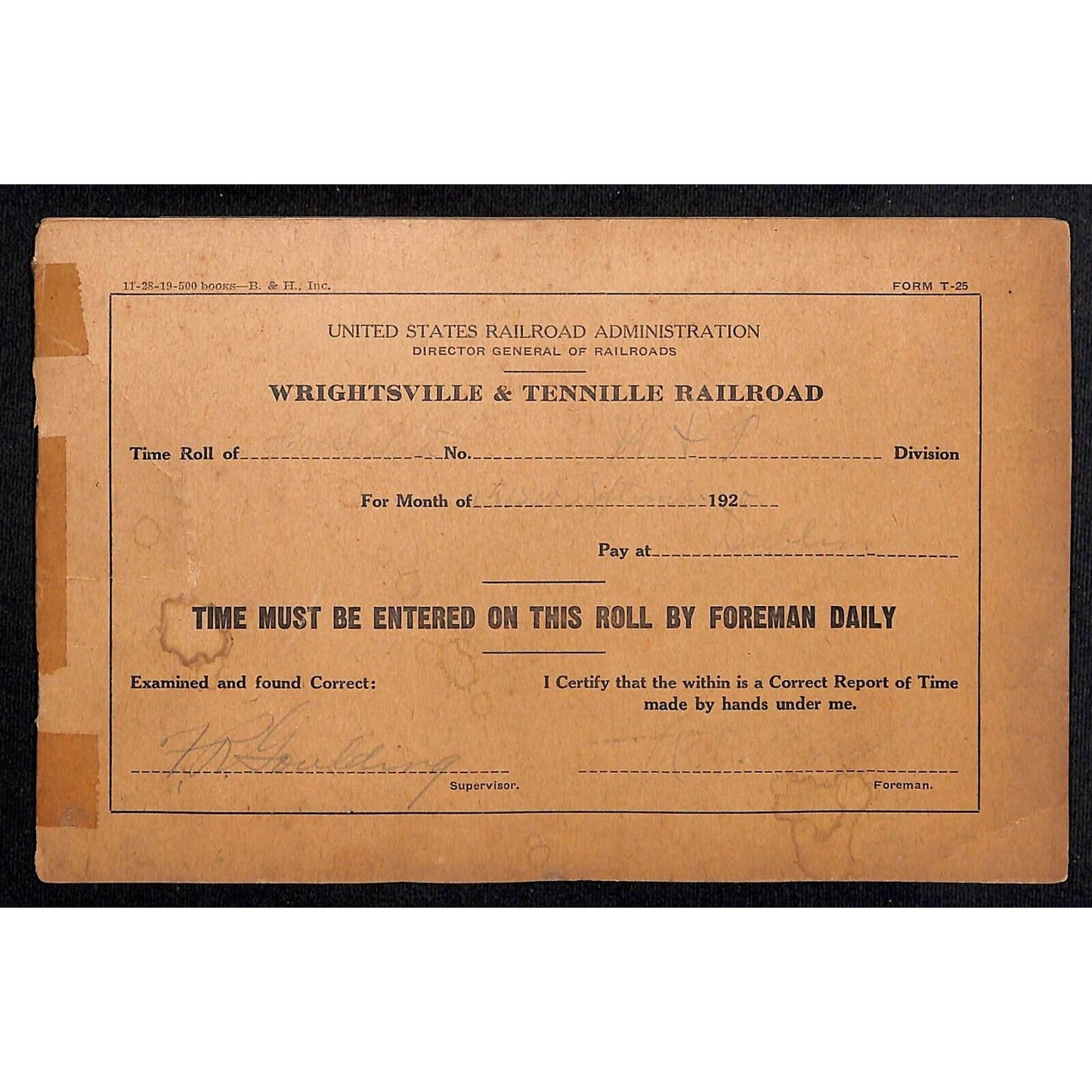 Wrightsville & Tennille Railroad c1920 USRA* Time Roll Record Book 24pp Scarce