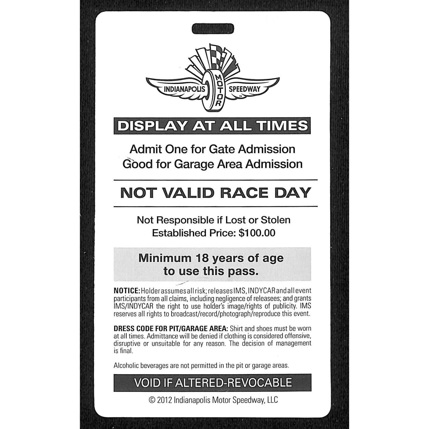 2012 Indy 500 Garage Access Ticket Pass Indianapolis IMS #1947 VGC