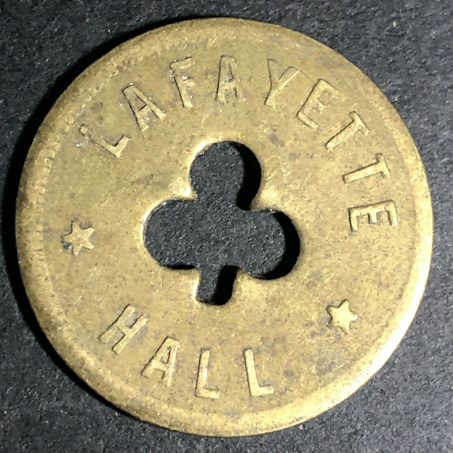 24.5mm Brass Lafayette Hall (Saloon Sacramento, CA) Token Clover Shamrock (#17)