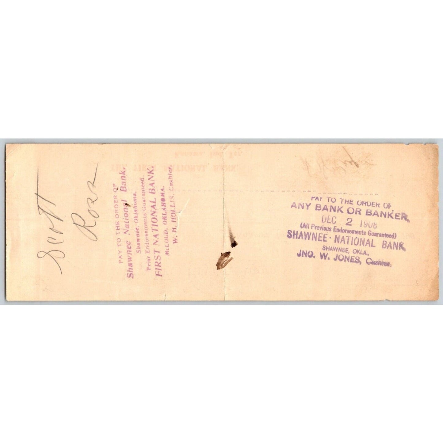Konawa, Oklahoma 1909 W.W. Pryor Attorney "FNB" Check - Scarce