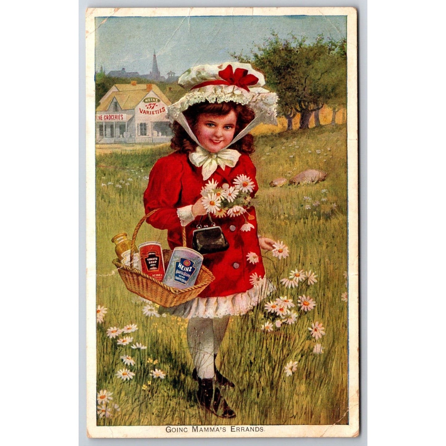 Heinz "Going Mamma's Errands" Girl in Red Dress Advertising Trade Card c1900 VGC