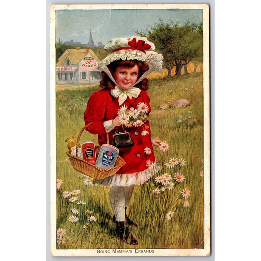 Heinz "Going Mamma's Errands" Girl in Red Dress Advertising Trade Card c1900 VGC