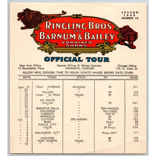 1948 Ringling Bros Barnum Bailey Circus Route Card Phoenix Tucson El Paso