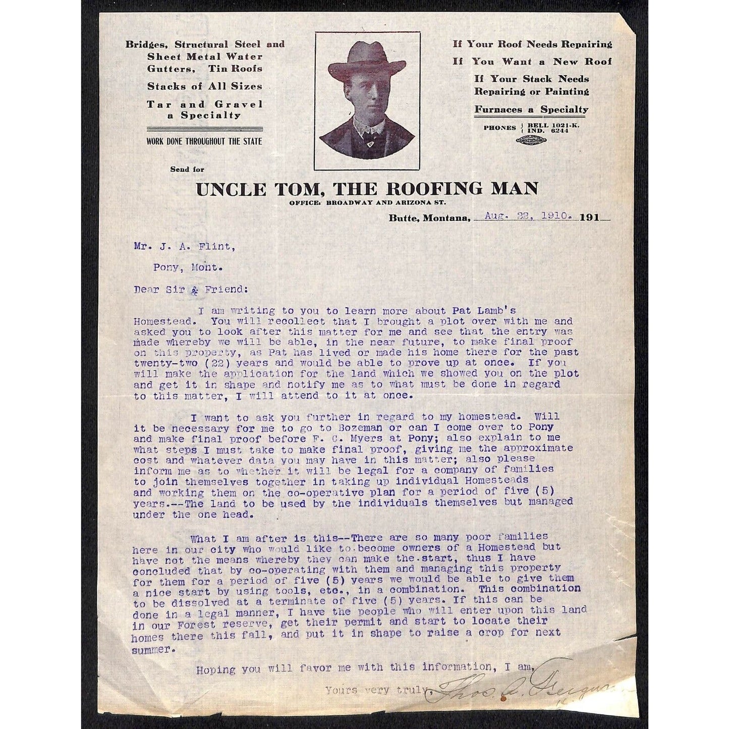 Butte, MT Uncle Tom, The Roofing Man 1910 Letterhead w/ Uncle Tom Graphic