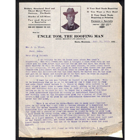 Butte, MT Uncle Tom, The Roofing Man 1910 Letterhead w/ Uncle Tom Graphic