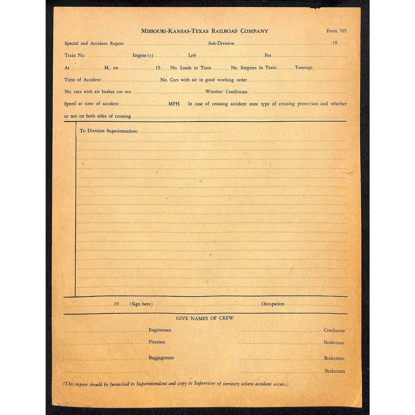 Missouri Kansas Texas Railroad Co. Unused Accident Report Form 705
