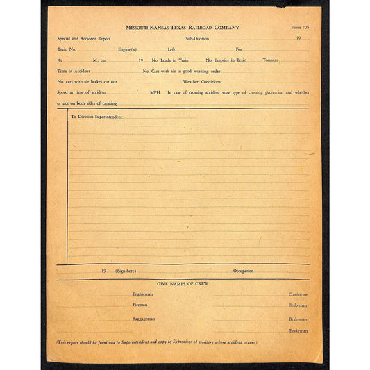Missouri Kansas Texas Railroad Co. Unused Accident Report Form 705