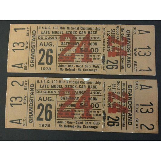 2 1978 Du Quoin State Fair USAC 100 Mile Late Model Stock Car Race Tickets