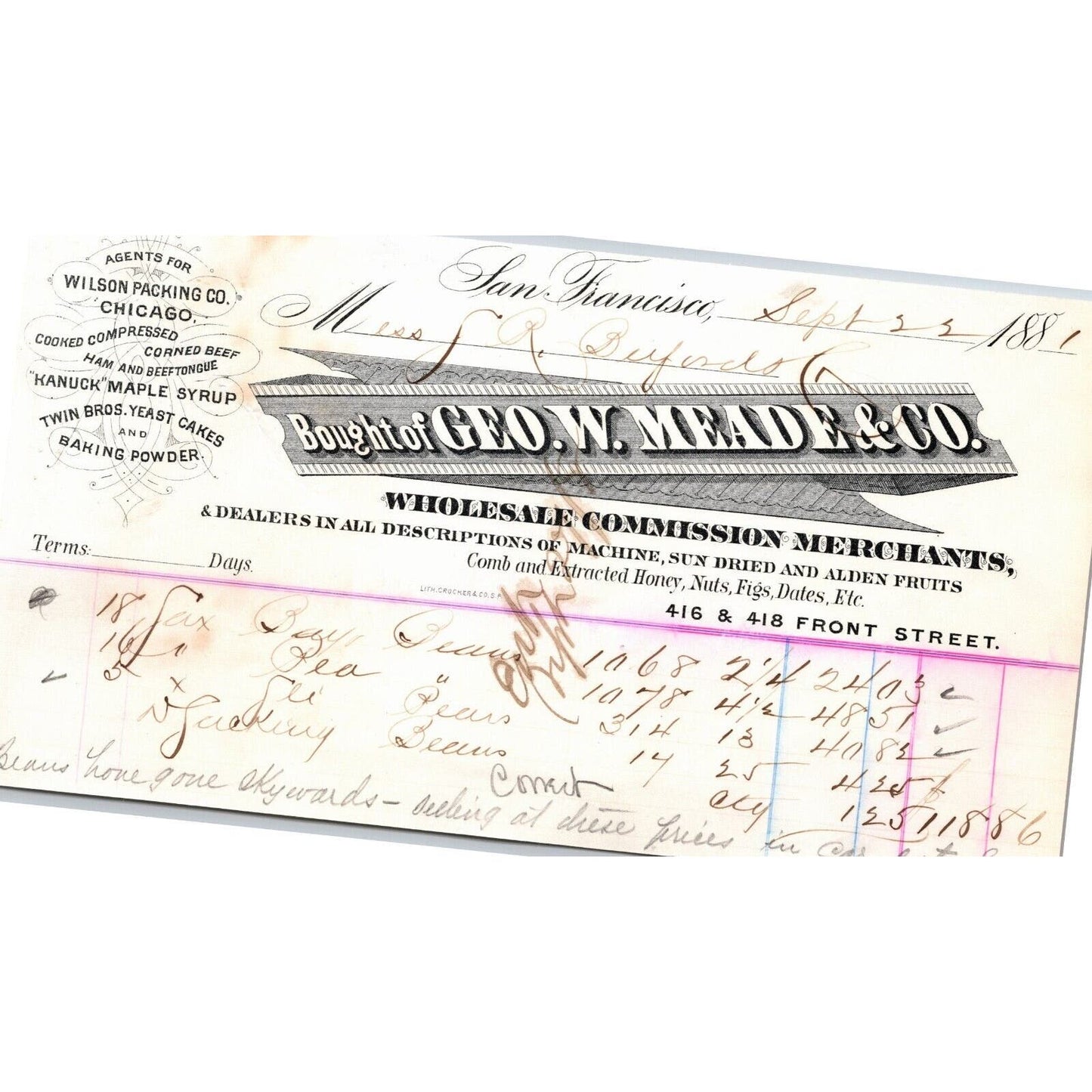 1881 Geo. W. Mead & Co San Francisco Letterhead S.R. Buford Virginia City, MT