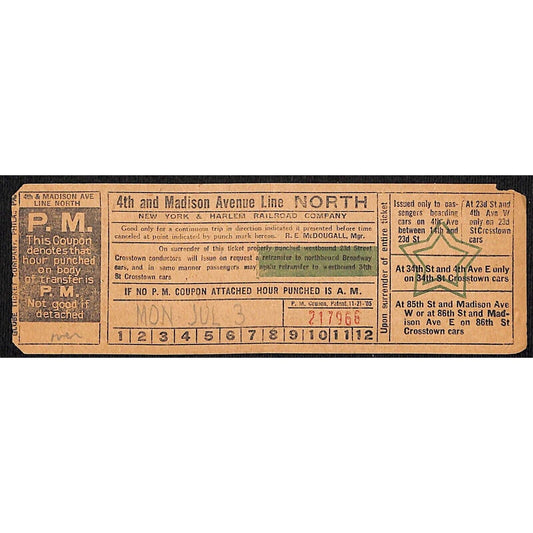 New York & Harlem Railroad 4th and Madison Line South Unused Ticket c1920 GRN