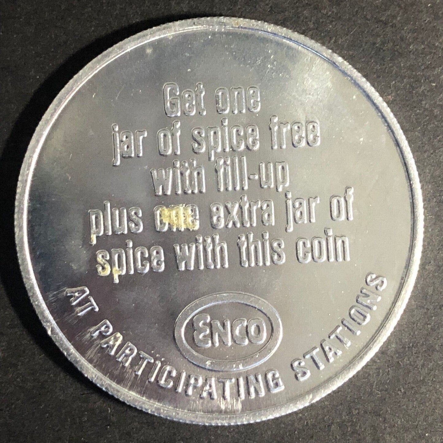 Enco Bonus Coin "Jar of Spice" w/ Fill-up Alum. Token 39mm c60's Scarce VGC