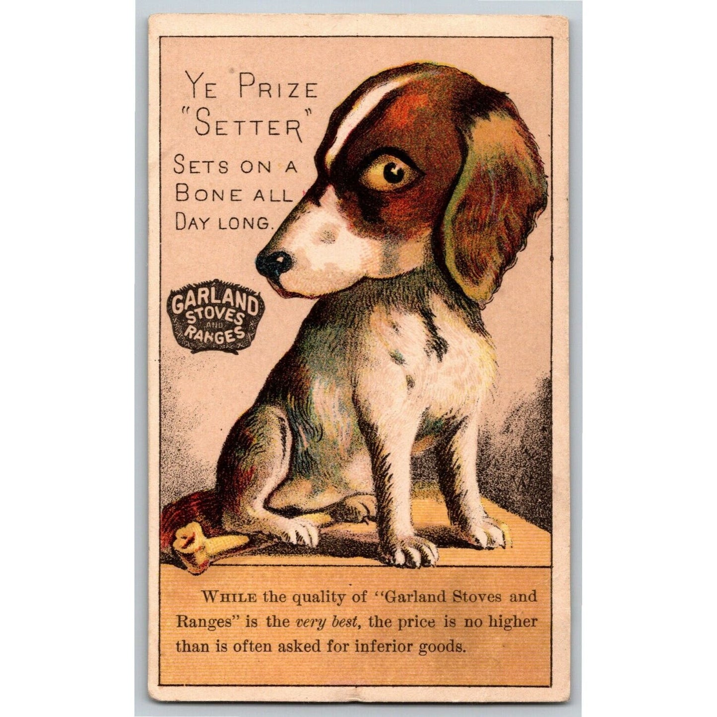 Garland Stoves and Ranges "Ye Prize Setter" Exaggerated Dog Victorian Trade Card