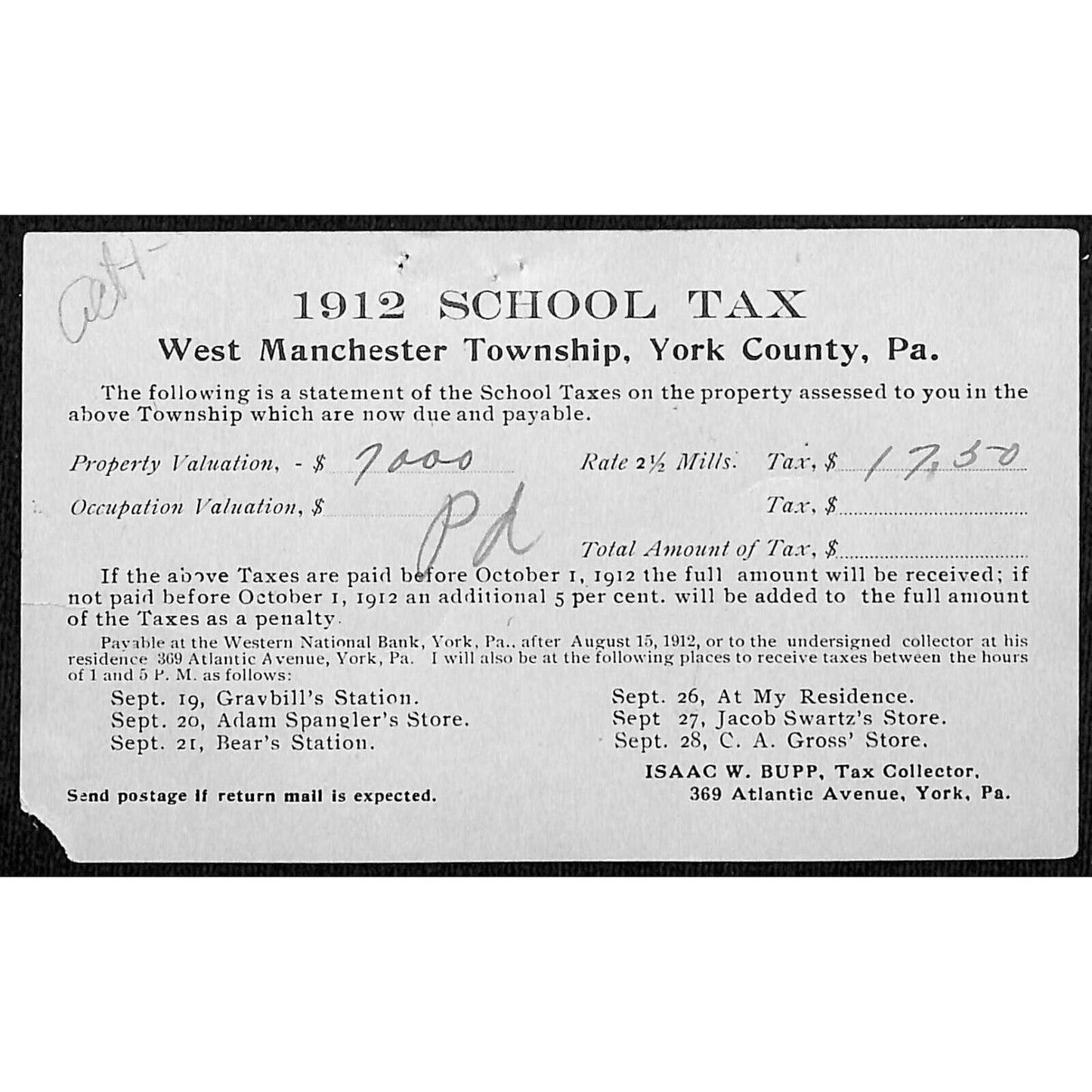 West Manchester Township, York County, PA 1912 School Tax Bill / Postcard